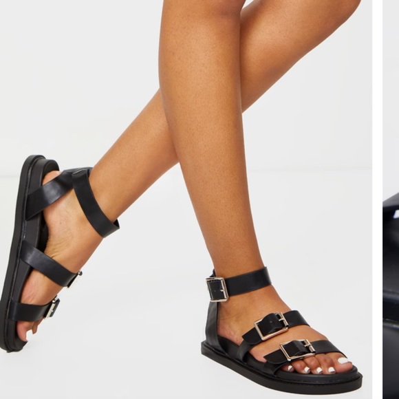 Black PU Square Buckle Detail Sandals - Picture 1 of 2